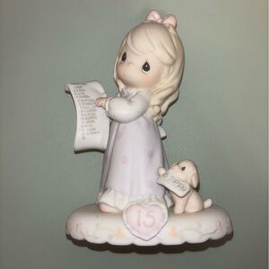 🌟 SOLD 🌟 Precious Moments Blonde Figurine w/Puppy Pink and White Aging
